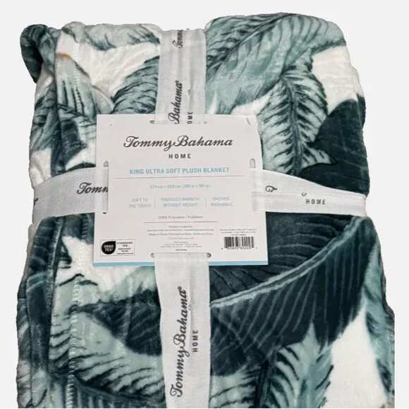 Tommy Bahama Green Vintage Palms KING Blanket Swaying Fronds Plush Micro Fleece